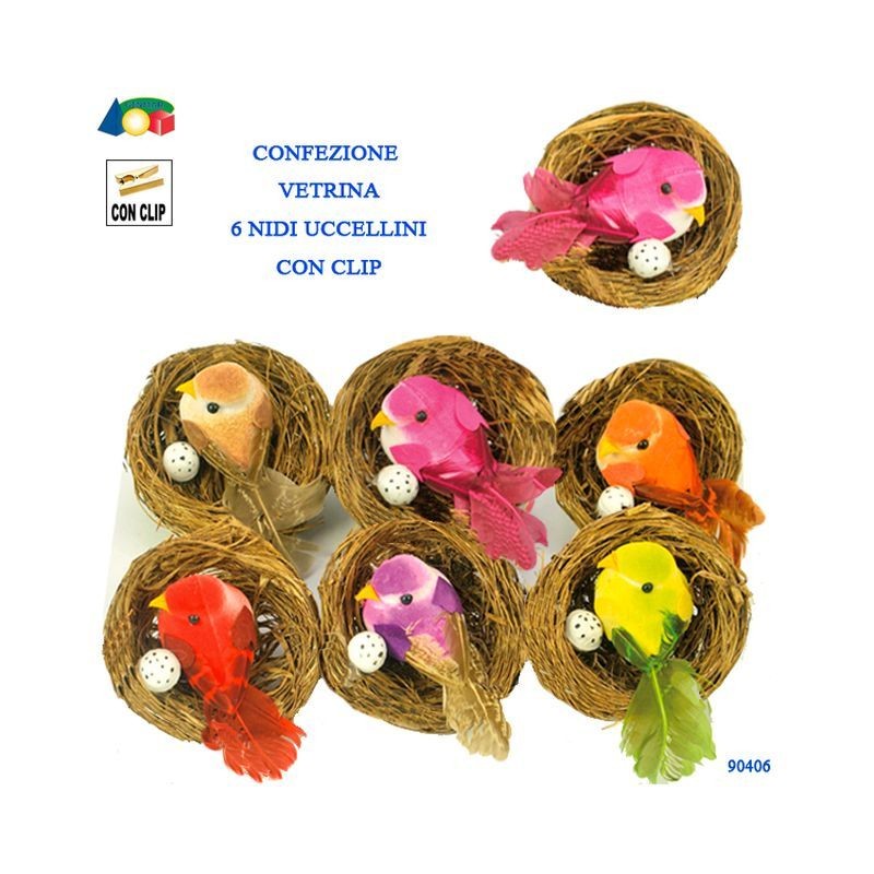 CONF. TRASP. 6 NIDI C/UCCELLO C/CLIP EAN 8057438029235 INGROSSO DECORAZIONI PER PASQUA