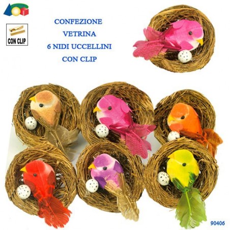 CONF. TRASP. 6 NIDI C/UCCELLO C/CLIP EAN 8057438029235 INGROSSO DECORAZIONI PER PASQUA