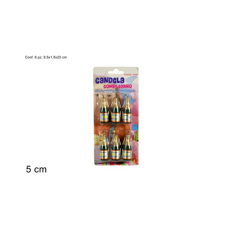 CANDELINE BOTTIGLIE DI CHAMPAGNE 6PZ EAN 8034048390399 INGROSSO CANDELE COMPLEANNO