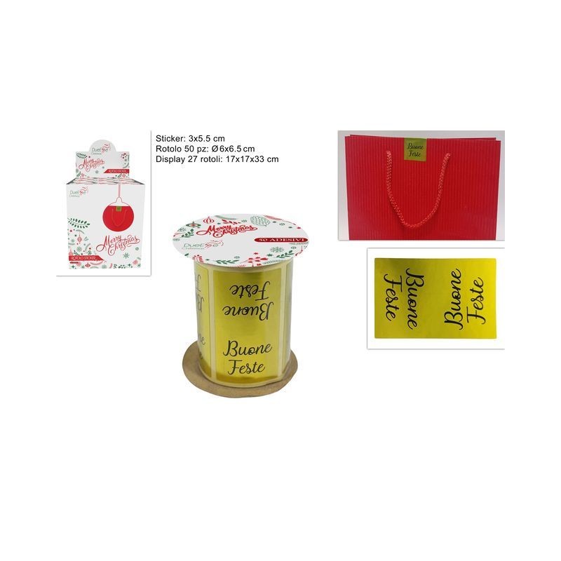 ROTOLO 50 STICKER BUONE FESTE ORO EAN 8053482160061 INGROSSO BUSTE E CARTA REGALO NATALIZIA