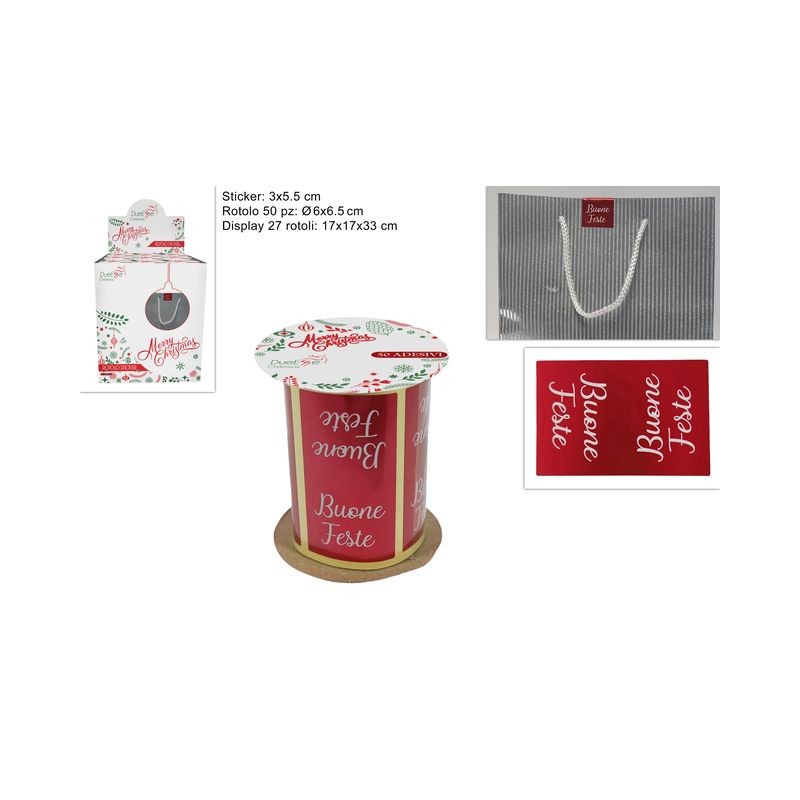 ROTOLO 50 STICKER BUONE FESTE ROSSO EAN 8053482160054 INGROSSO BUSTE E CARTA REGALO NATALIZIA