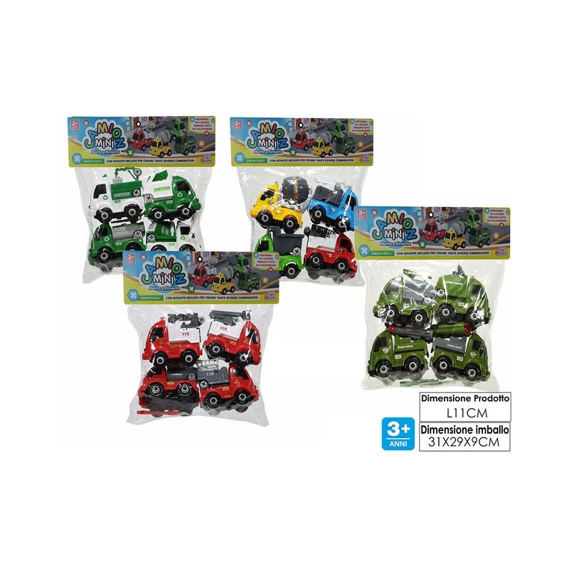 SET 4 CAMION MINI MONTA E RIMONTA 4ASS EAN 8015361376284 INGROSSO BUSTE VINILE PRIMA INFANZIA