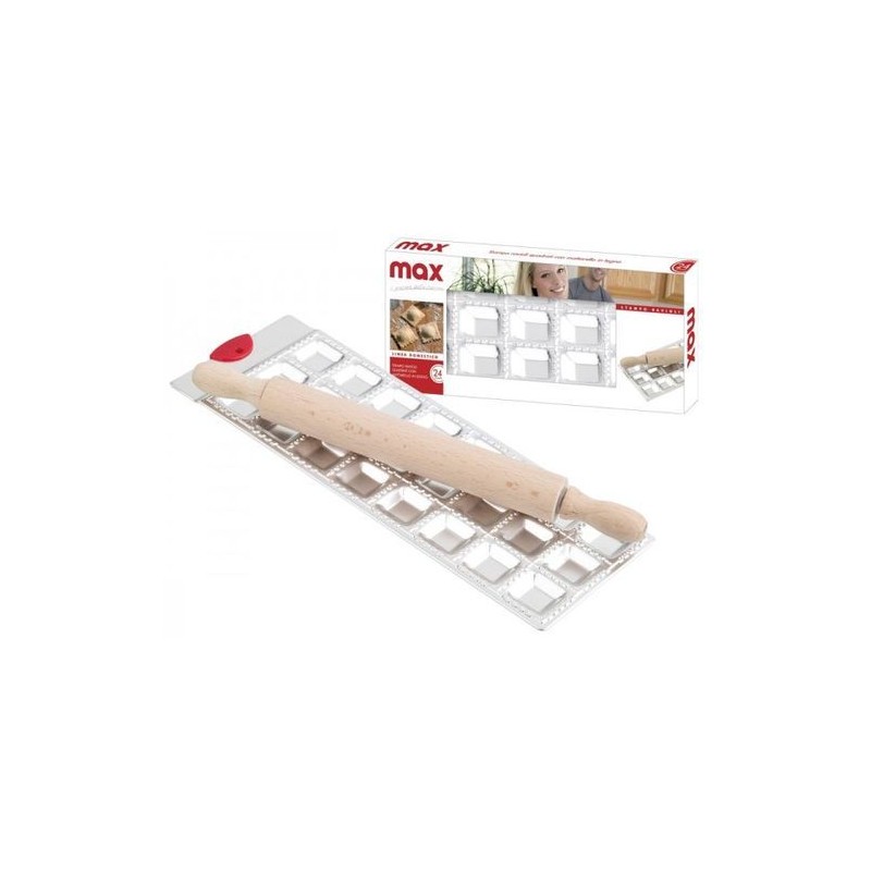 STAMPO RAVIOLI QUADRI 24PZ C/ACCESSORI MATTARELLO IN LEGNO 29X10CM EAN 8017365028763 INGROSSO FORMINE E STAMPINI PER DOLCI