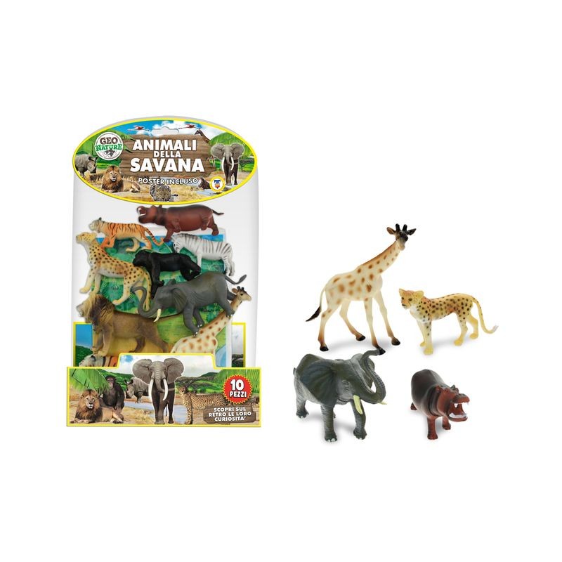 ANIMALI SAVANA RIGIDI 10 CON POSTER EAN  INGROSSO BUSTE ANIMALI GIOCATTOLO