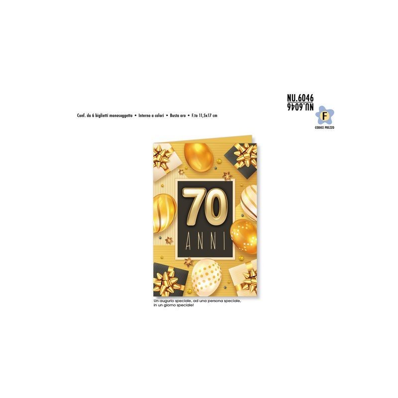 BIGLIETTI NUMERI SF.NERO PALL. ORO 70 EAN 8001608360468 INGROSSO BIGLIETTI COMPLEANNO
