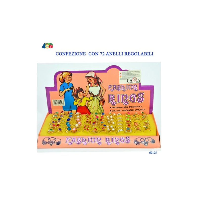 CONF 72 ANELLI REGOLABILI ASSORTITI EAN 8006087410062 INGROSSO GIOCATTOLI PER BAMBINE