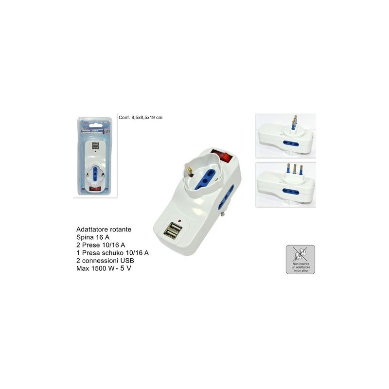 ADATTATORE MULTIPRESA C/SPINA ROTANTE +2 USB 5V + INTERUTT. 16A EAN 8034048195932 INGROSSO SPINE E CIABATTE