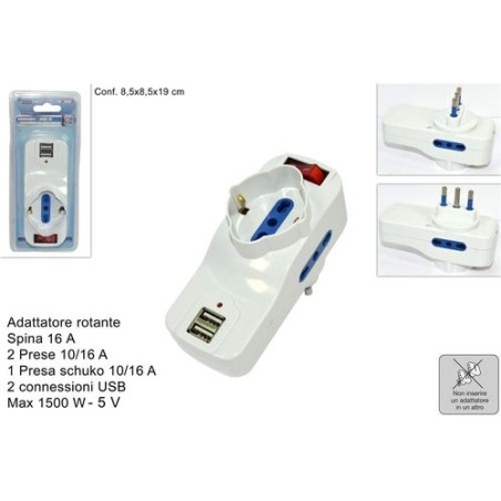 INGROSSO ADATTATORE MULTIPRESA C/SPINA ROTANTE +2 USB 5V + I