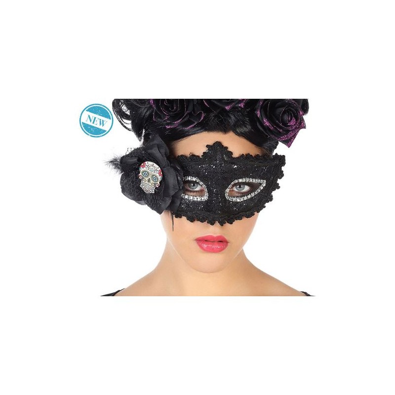 MASCHERINA CON ROSA NERA E TESCHIO EAN 8422259573326 INGROSSO MASCHERE DI HALLOWEEN