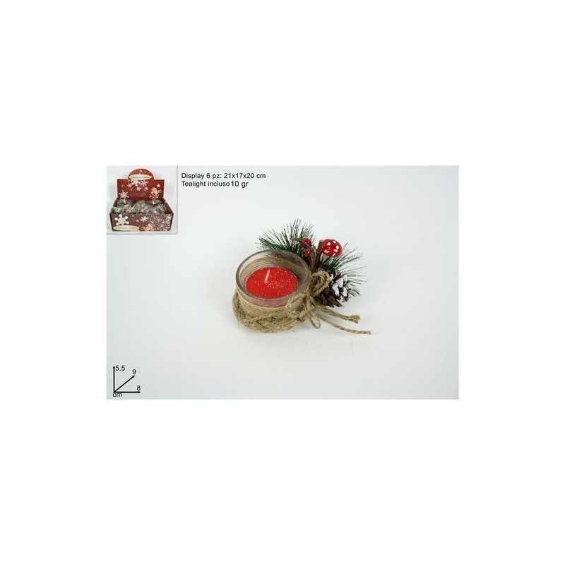PORTA TEALIGHT CORDONCINO JUTA 8X9X5.5CM BACCHE+PIGNA+FUNGHI EAN 8033113650048 INGROSSO CANDELE E LAMPADE NATALIZIE