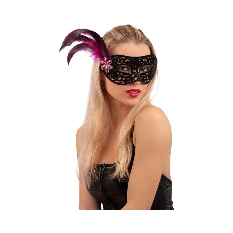MASCHERA PLASTICA INTAGLIATA C/VELLUTO PIUME E DECOR. FUCSIA EAN  INGROSSO MASCHERE DI CARNEVALE