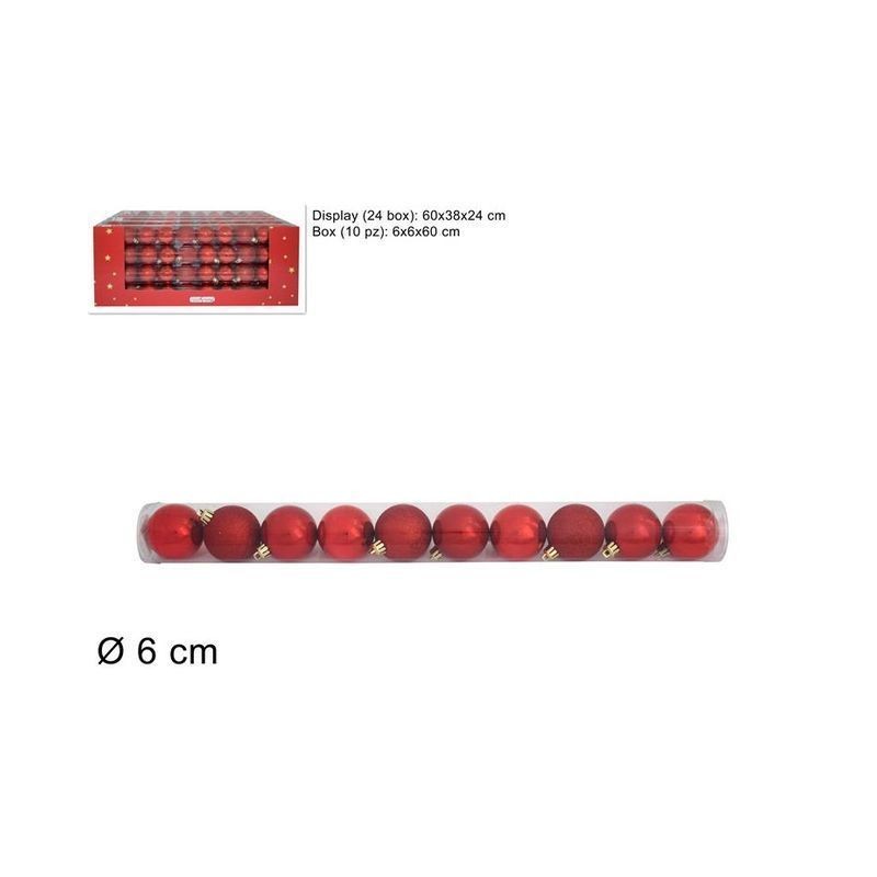 TUBO 10 PALLINE 6 CM 3 MOD. DISP ROSSO EAN 8033113269585 INGROSSO PALLINE DI NATALE E PUNTALI