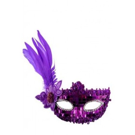INGROSSO MASCHERA VIOLA PLASTICA CON PAILLETTES PIUME E DECO
