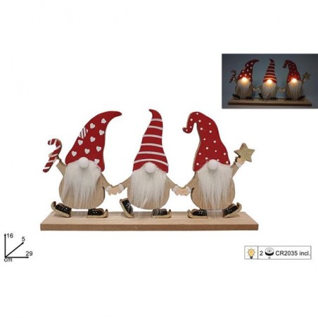 TRIS GNOMI LEGNO CON LUCI EAN 8053482167275 INGROSSO OGGETTISTICA NATALIZIA