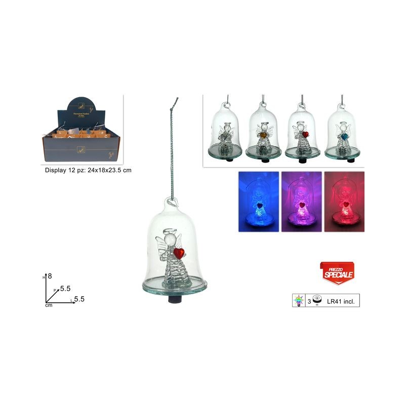 CAMPANA CON ANGELO VETRO CON LUCE IN DIS EAN 8033113546075 INGROSSO APPENDINI NATALIZI