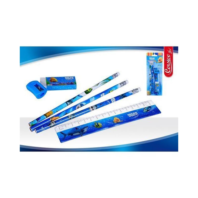 SET CANCELLERIA 6 PZ. OCEAN WORLD EAN 8032732202249 INGROSSO SET PENNE CON RIGHELLI