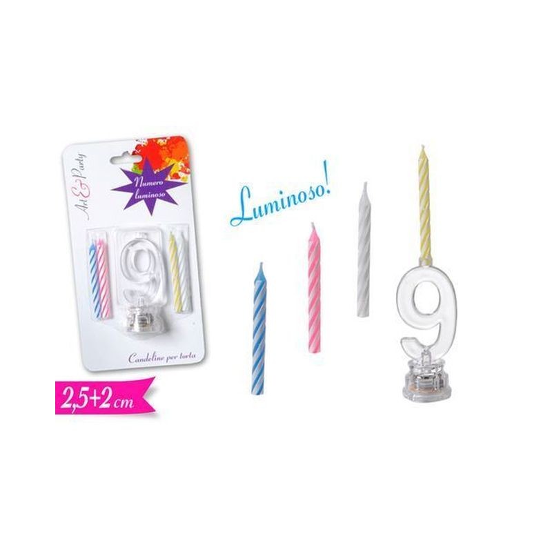 NUMERO 9 LUMINOSO CON CANDELE EAN 8055329064860 INGROSSO CANDELE COMPLEANNO