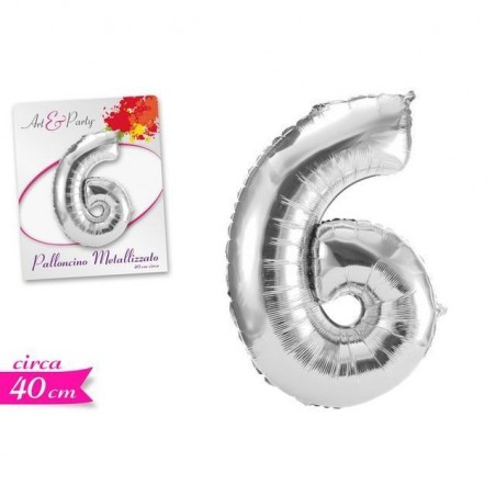 PALLONCINO NUMERO 6 40CM ARGENTO EAN 8055329186920 INGROSSO PALLONCINI COMPLEANNO