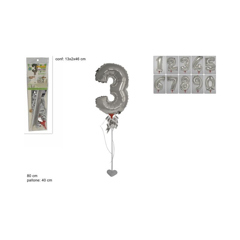 NUMERO GONF ARGENTO 0-9 40CM CON BASE EAN 8034048483282 INGROSSO PALLONCINI COMPLEANNO