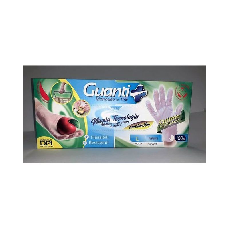 GUANTI MONOUSO TPE 100PZ TRASPAR. TG.L EAN 8059174595654 INGROSSO PRODOTTI PER LA SALUTE