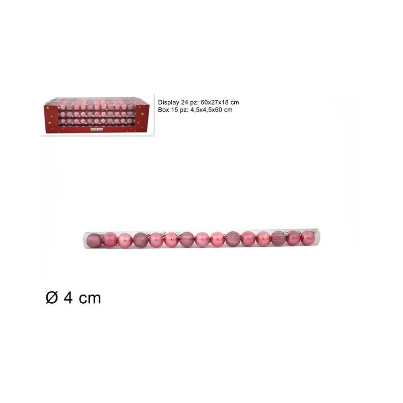 TUBO 15 PALLINE 4 CM 3 MOD. DISPLAY ROSA EAN 8053482013145 INGROSSO PALLINE DI NATALE E PUNTALI